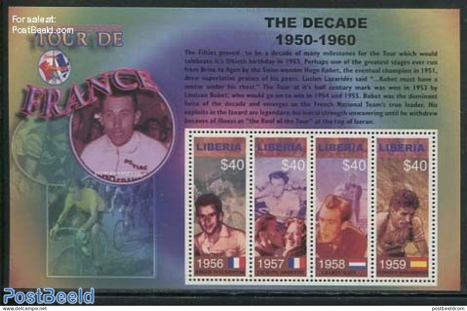 Liberia 2003 Tour De France 1950-1960 4v M/s, Mint NH, Sport - Cycling - Ciclismo