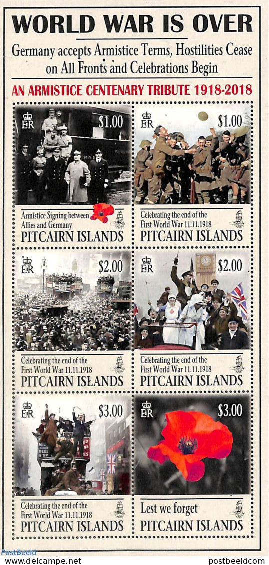 Pitcairn Islands 2018 End Of World War I 6v M/s, Mint NH, History - Nature - Transport - Flowers & Plants - Railways -.. - Treni