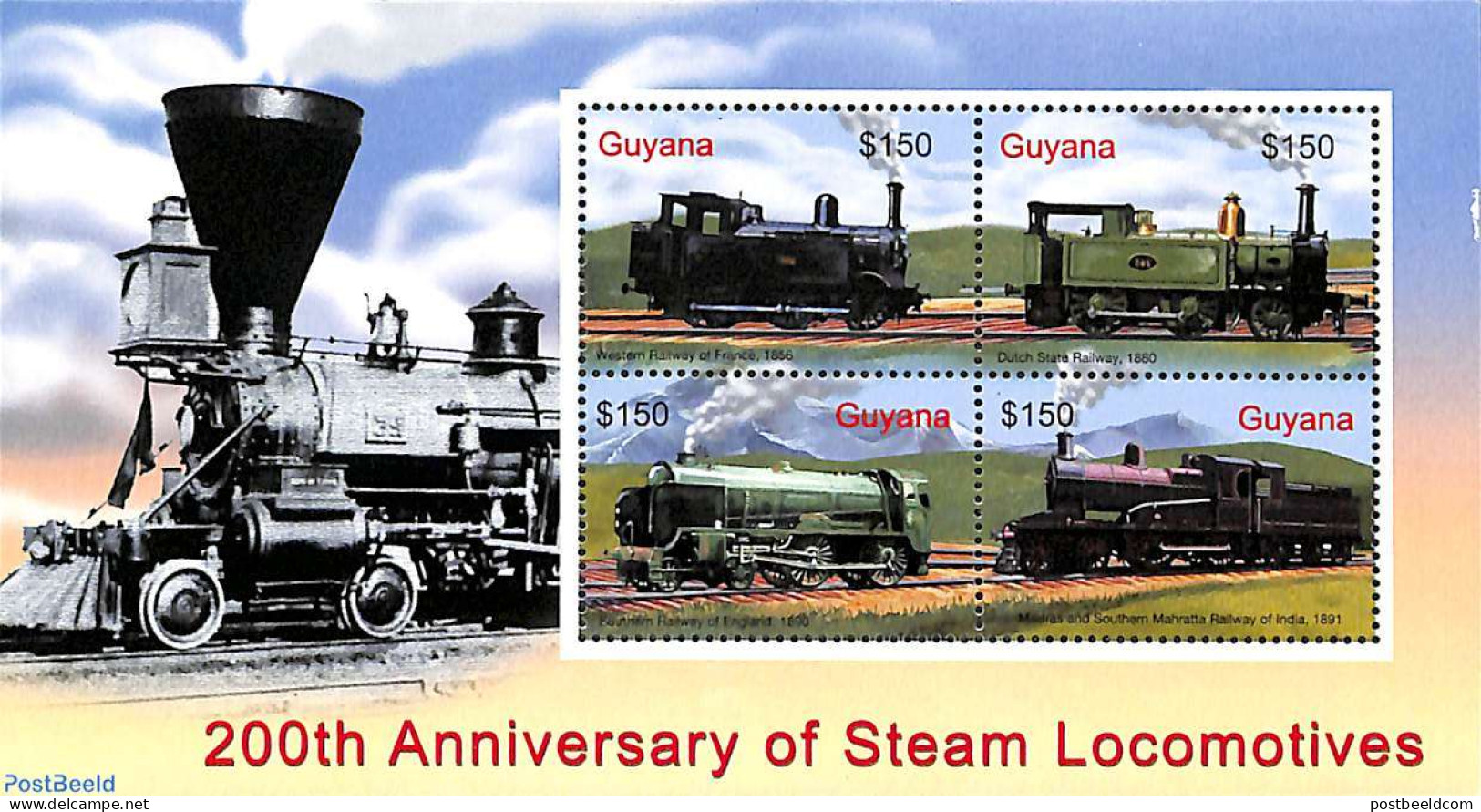 Guyana 2004 200 Years Steam Locomotives 4v M/s, Mint NH, History - Transport - Netherlands & Dutch - Railways - Geografia