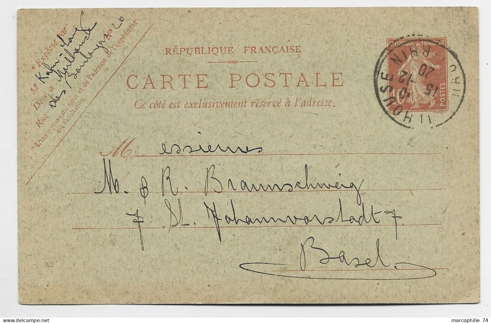 ENTIER SEMEUSE 10C CARTE POSTALE MULHOUSE HAUT RHIN 15.12.1920 POUR BASEL SUISSE - Cartes Postales Types Et TSC (avant 1995)