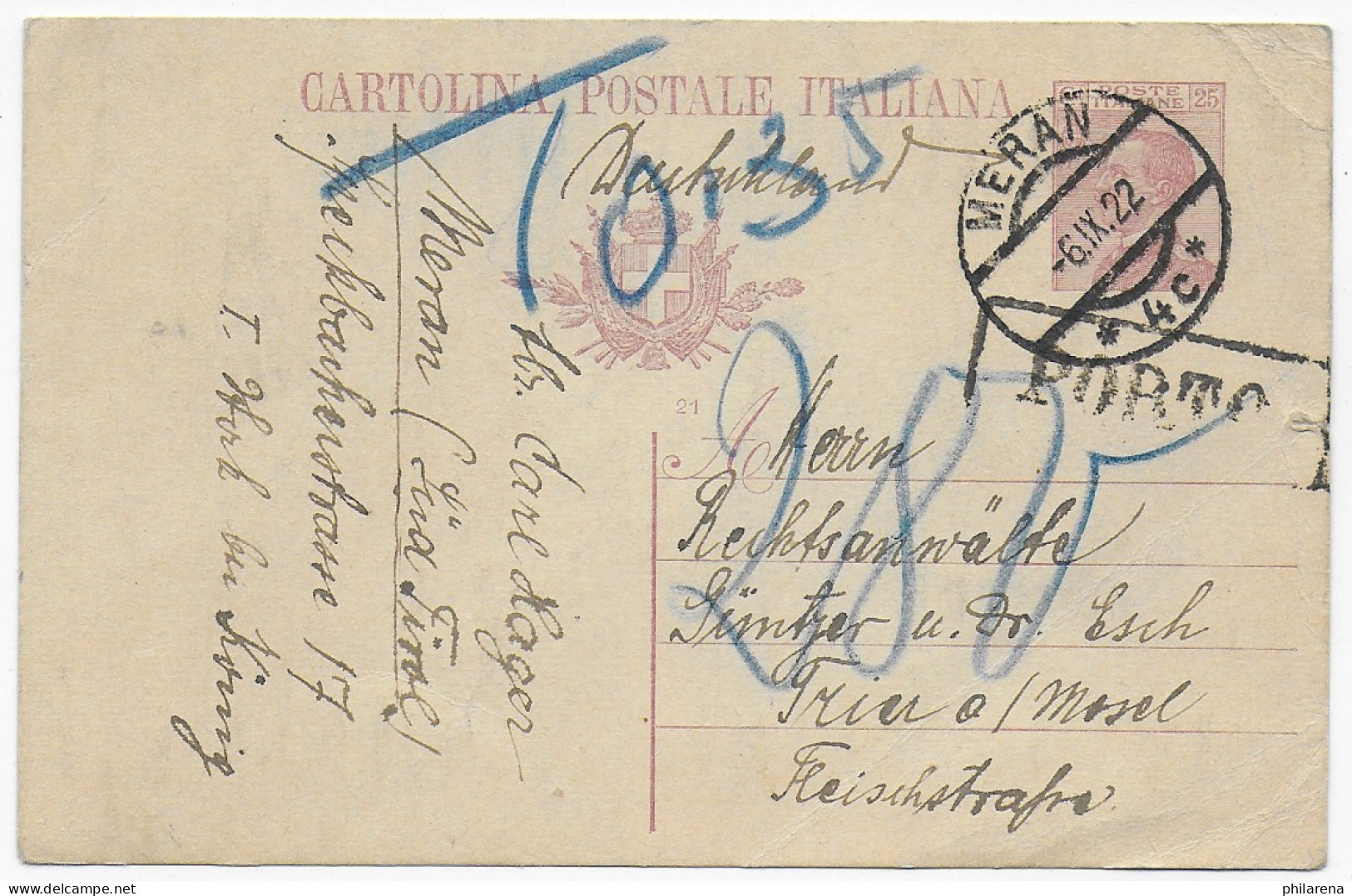 Cartolina Postale Meran, 1922 To Trier, Taxe Zur Inflationszeit - Non Classés