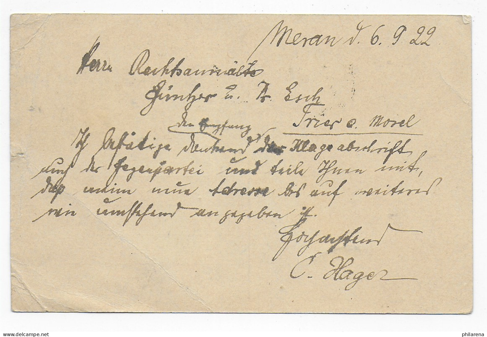 Cartolina Postale Meran, 1922 To Trier, Taxe Zur Inflationszeit - Non Classés