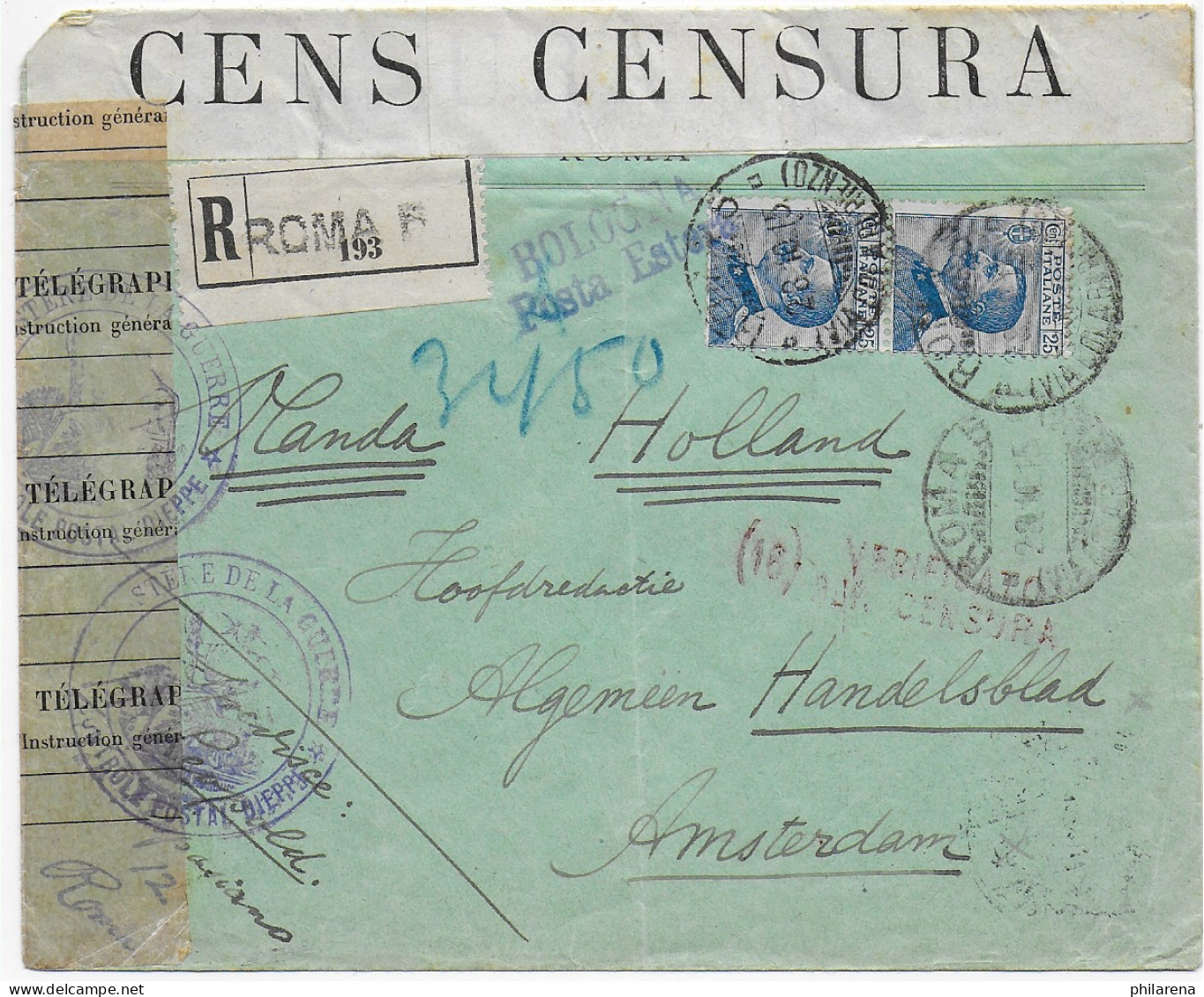 Roma Einschreiben 1915 Nach Amsterdam, Italienische Und Französische Zensur - Ohne Zuordnung