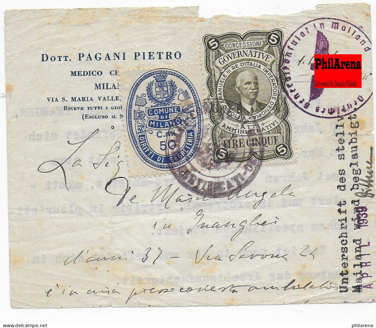 Italienisches Dokument, Übersetzung Konsulatstempel Mailand 1939, Gebührenmarken - Unclassified