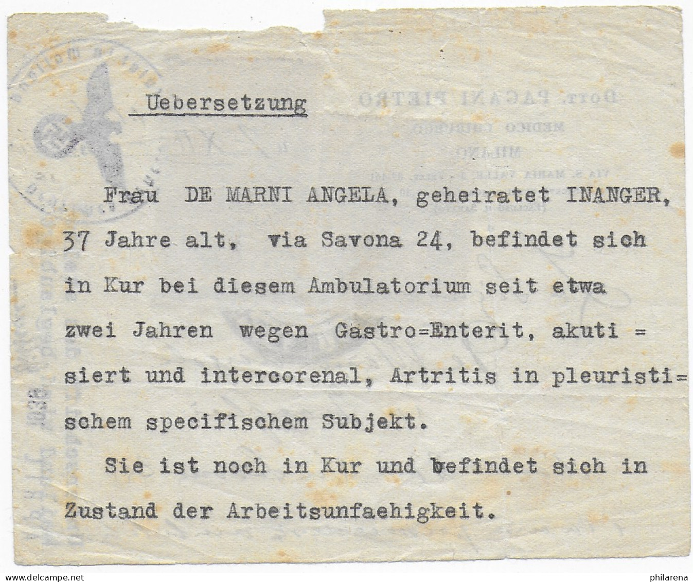 Italienisches Dokument, Übersetzung Konsulatstempel Mailand 1939, Gebührenmarken - Ohne Zuordnung