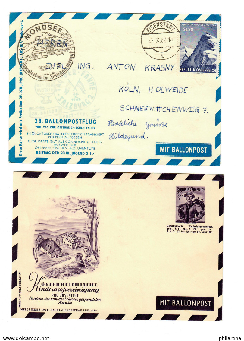 1x Ballonpostflug 1962 (Mondsee/Eisenstadt), 1x Kinderdorfvereinigung Pro Juvent - Cartas & Documentos