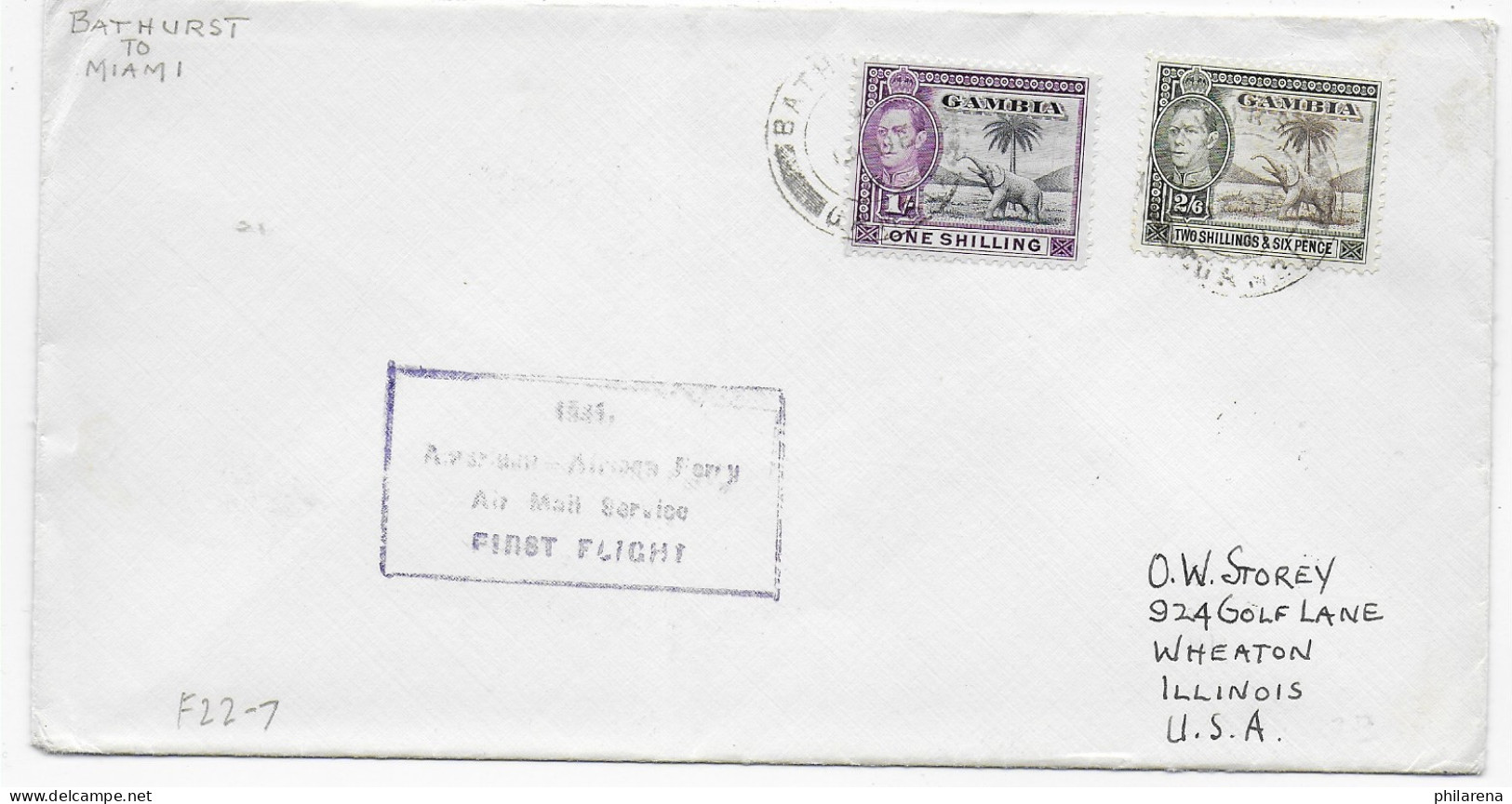 Brief Aus Gambia, Bathurst 1938 Nach Wheaton /Ill, First Flight  - Gambia (1965-...)