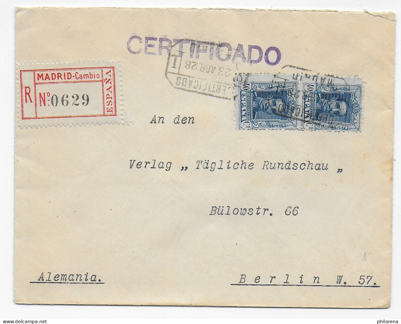 Einschreiben Madrid Nach Berlin, 1928, Certificado - Andere & Zonder Classificatie