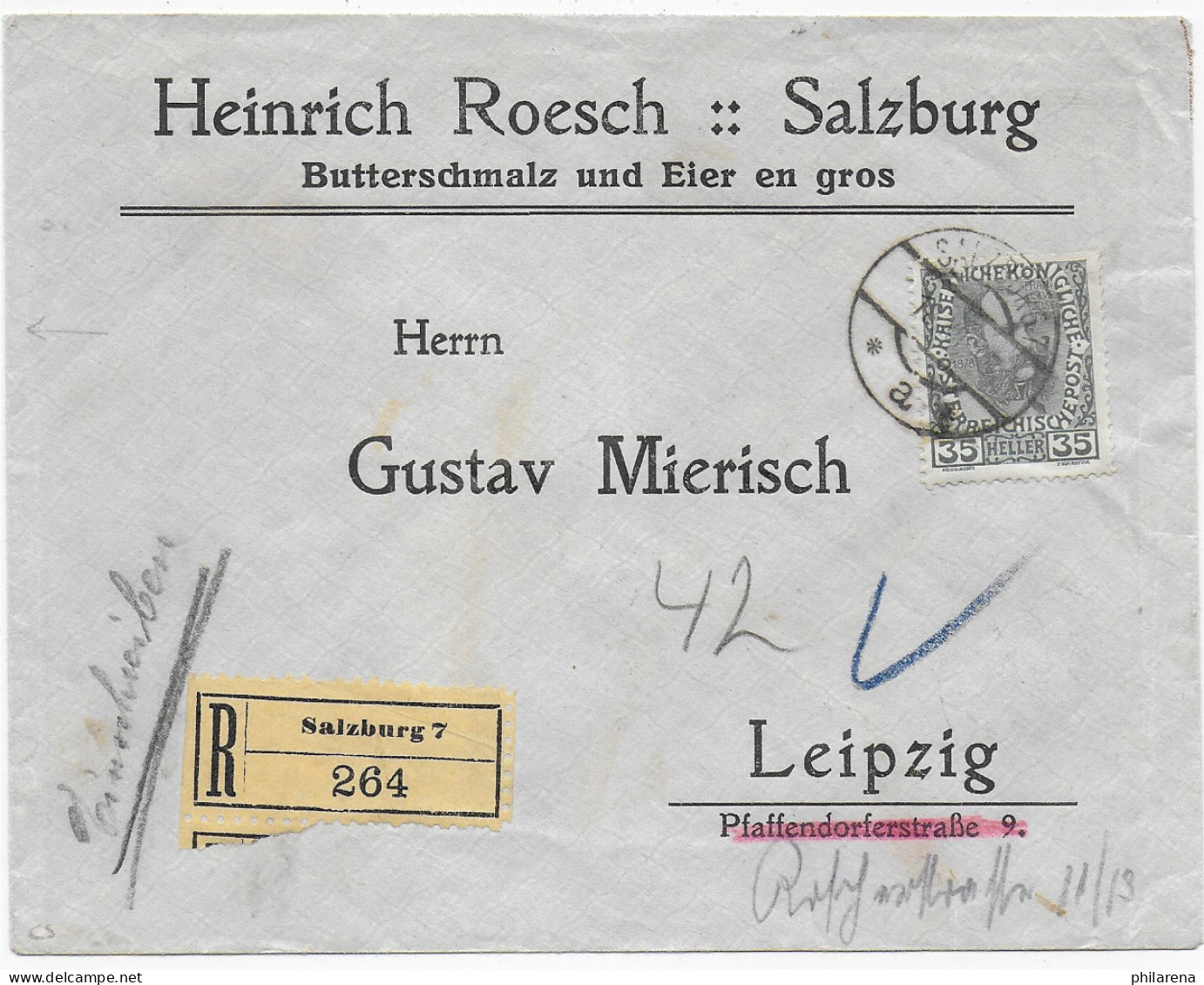 Einschreiben Salzburg Nach Leipzig, 1915: Bei Der 4. Austragung Zurückzulassen - Cartas & Documentos