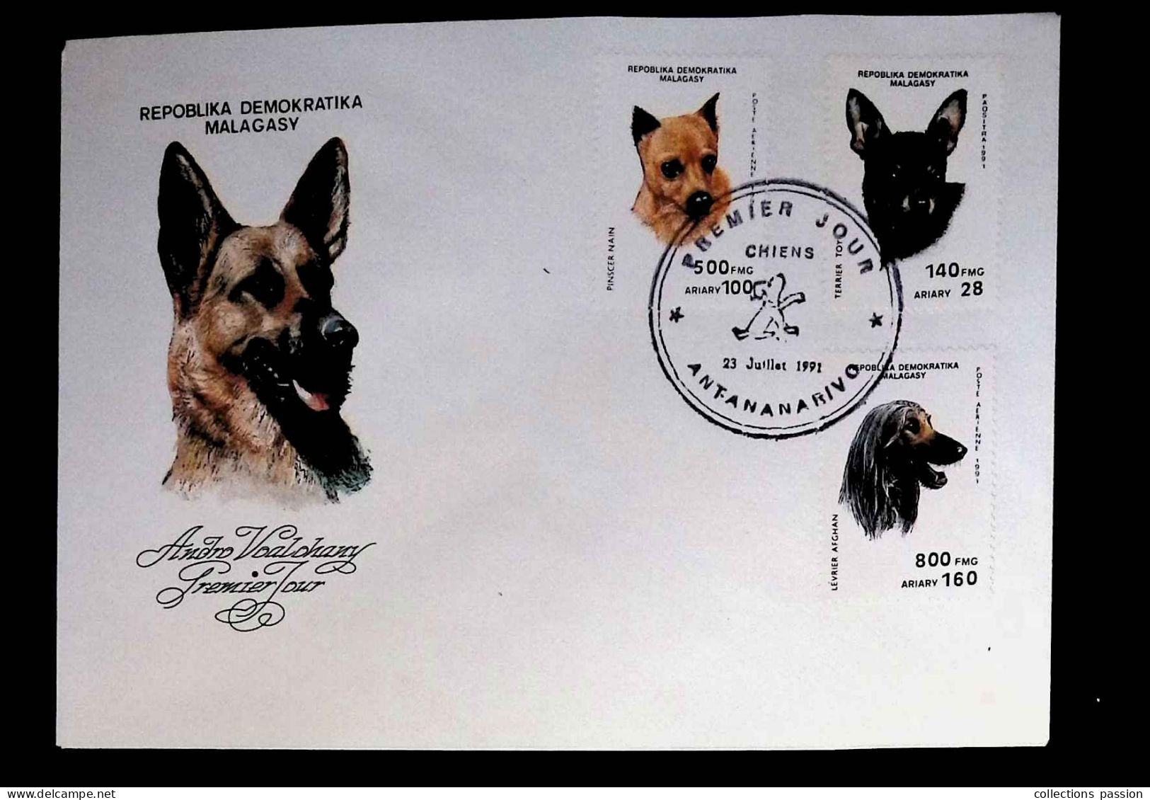 CL, FDC, Premier Jour, Madagascar, Repoblika Demokratika Malagasy, 23 Juillet 1991, Antananarivo, Chiens, Dogs - Madagaskar (1960-...)