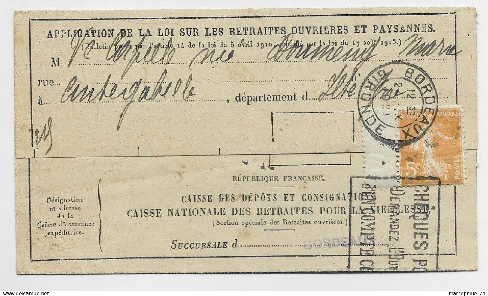 SEMEUSE 5C JAUNE SEUL LETTRE RETRAITES OUVRIERES ET PAYSANNE BORDEAUX 1921 AU TARIF - 1906-38 Semeuse Con Cameo