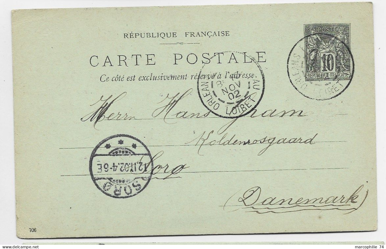 ENTIER SAGE 10C CP ORLEANS LOIRET 1902 POUR DANEMARK SORO  REPIQUAGE CIE - Overprinter Postcards (before 1995)