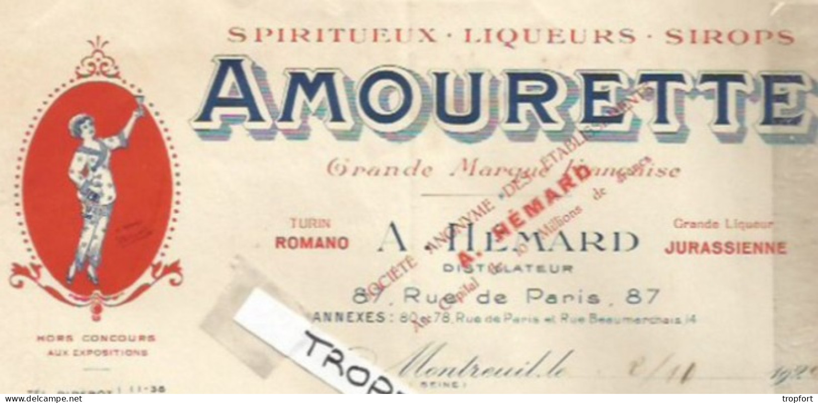 PO // Vintage / Facture 1924 AMOURETTE Spiritueux Liqueur Sirop Montreuil HEMARD - Food