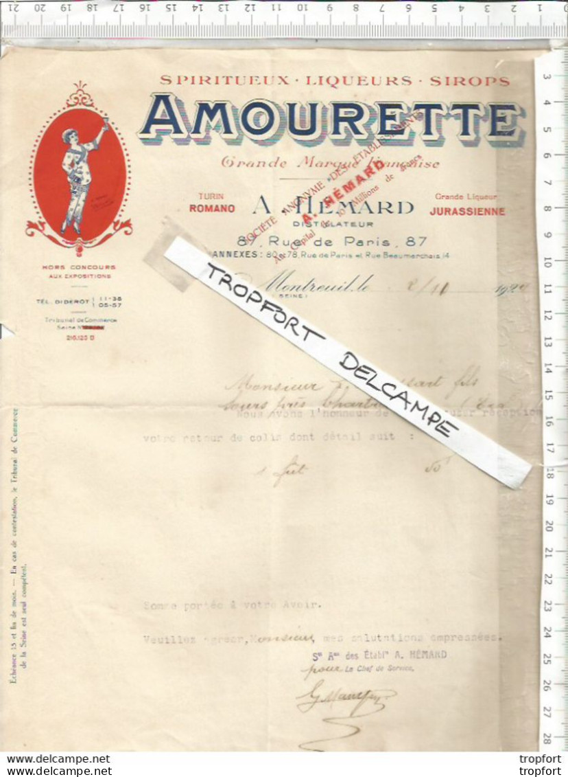 PO // Vintage / Facture 1924 AMOURETTE Spiritueux Liqueur Sirop Montreuil HEMARD - Lebensmittel