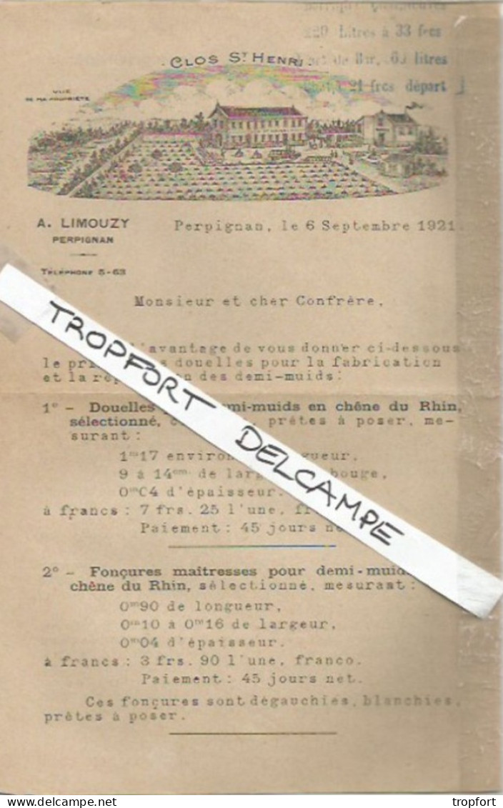 PO // Vintage / Feuillet Publicitaire 1921 Perpignan CLOS ST HENRI // A.LIMOUZY Fabrique Fut Vin Vignoble - Pubblicitari