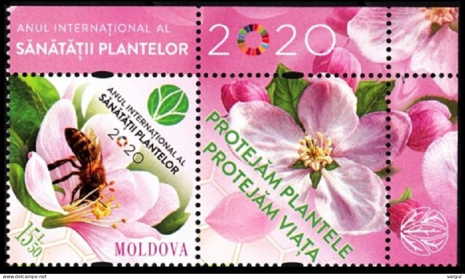 MOLDOVA 2020-03 FLORA FAUNA: Year Of Plant Health. Flower Bee. Pair With LABEL, MNH - Protection De L'environnement & Climat