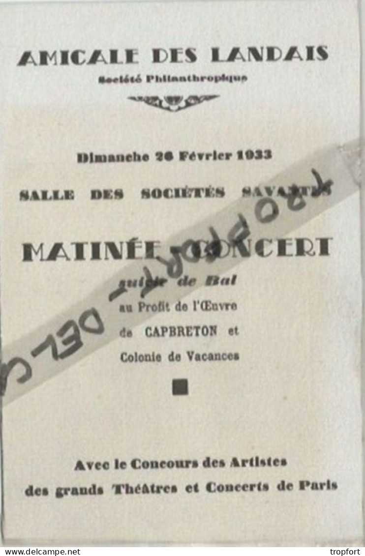 PG / Rare PROGRAMME Ancien AMICALE DES LANDAIS  CAPBRETON  Musique DANSE BAL // REGOR WOLFF Baryton - Programas