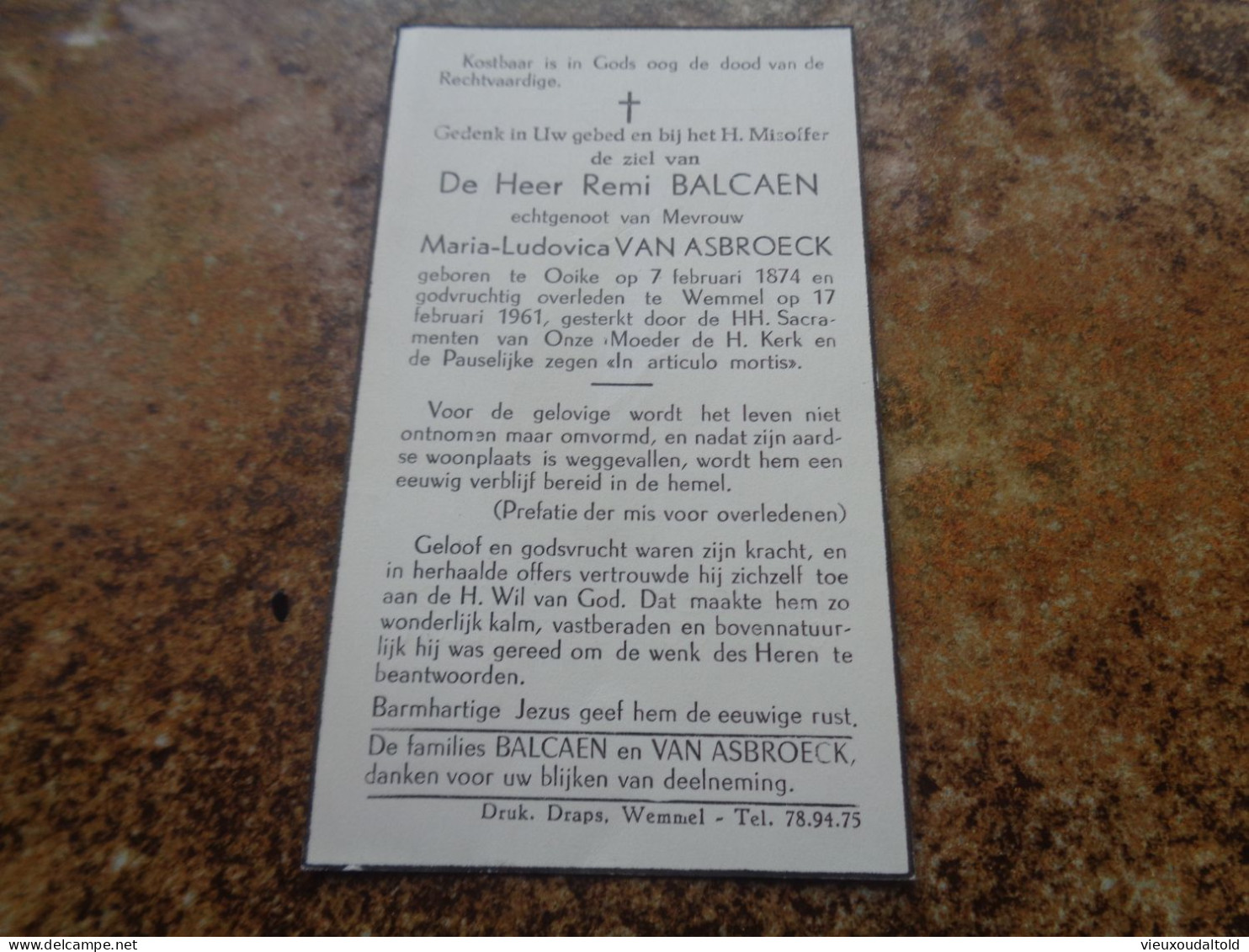 --Doodsprentje/Bidprentje  Remi BALCAEN   Ooike 1874-1961 Wemmel  (Echtg Maria-Ludovica VAN ASBROECK) - Religion &  Esoterik