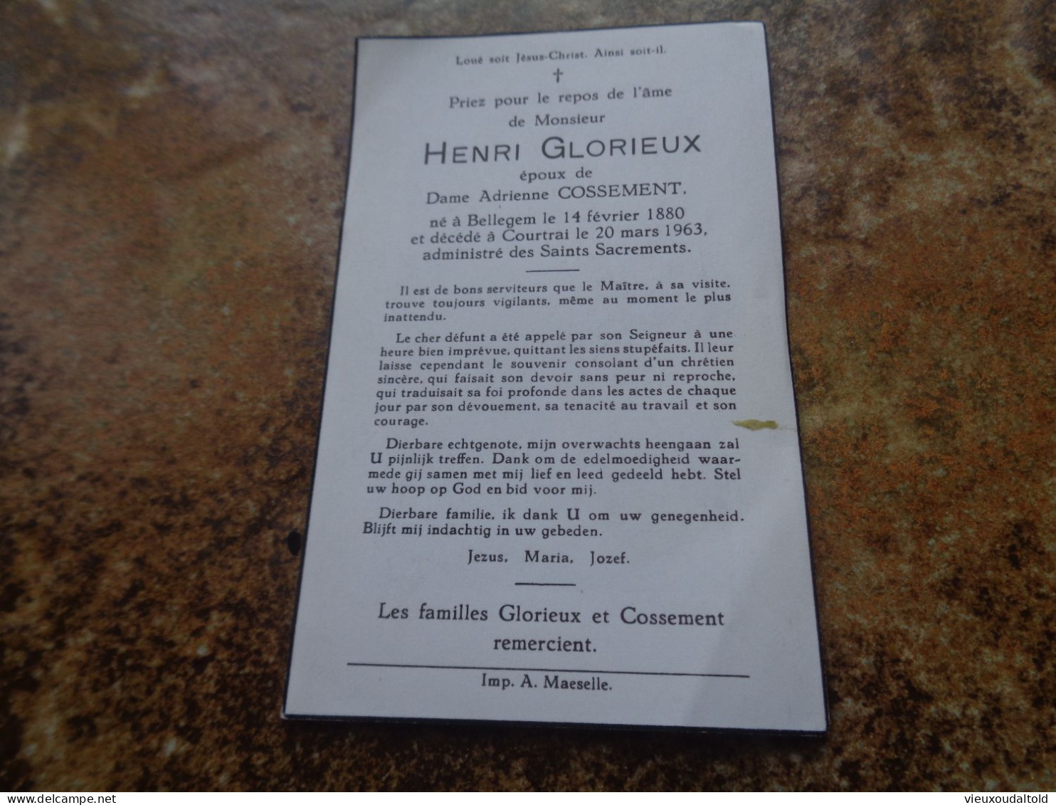 --Doodsprentje/Bidprentje  HENRI GLORIEUX   Bellegem 1880-1963 Courtrai  (ép Adrienne COSSEMENT) - Religión & Esoterismo