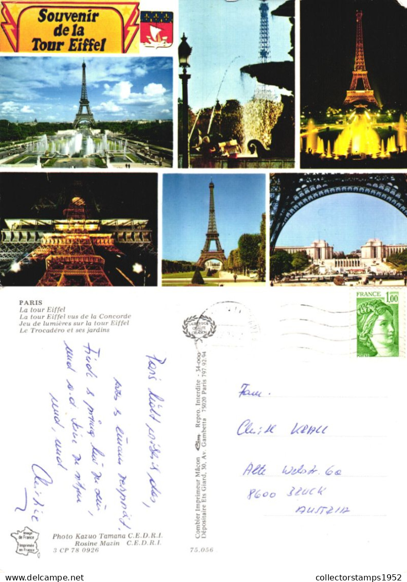 PARIS, MULTIPLE VIEWS, EIFFEL TOWER, FOUNTAIN, PARK, EMBLEM, FRANCE, POSTCARD - Tour Eiffel