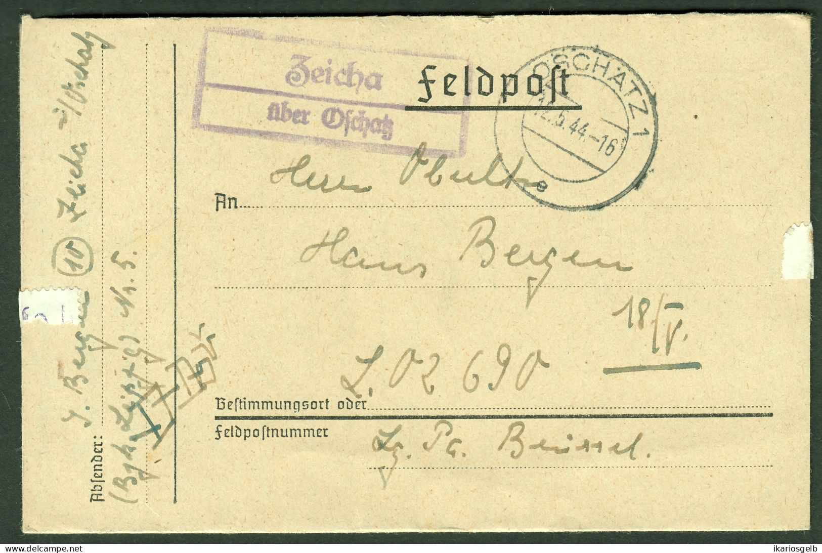 ZEICHA über OSCHATZ 1944 Klarer LANDPOSTSTEMPEL Blau Auf FELDPOST Faltbrief > LuftgauPostamt Brüssel 02690 = FlakDiv16 - Feldpost 2a Guerra Mondiale