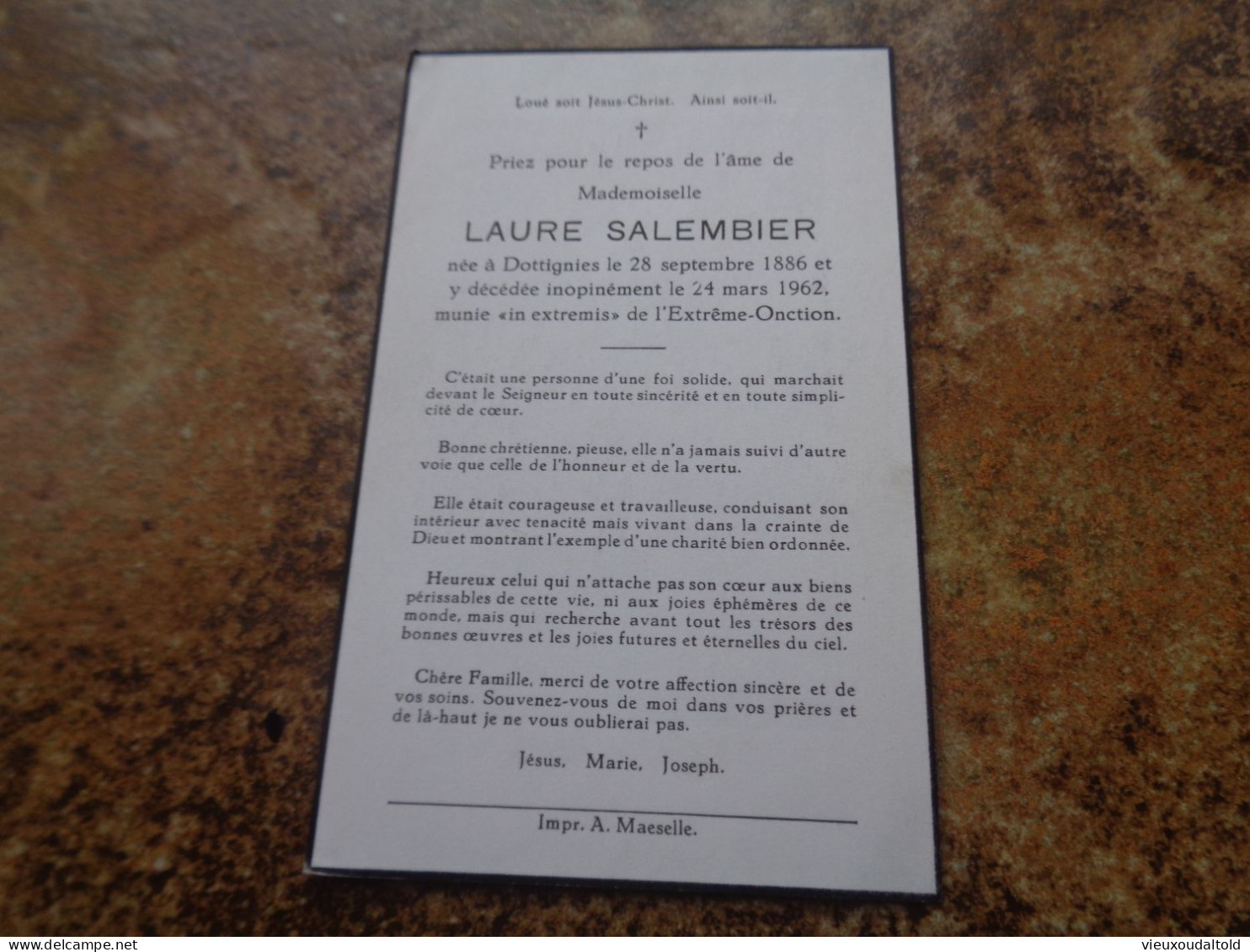 --Doodsprentje/Bidprentje  LAURE  SALEMBIER   Dottignies 1886-1962 - Religion & Esotérisme