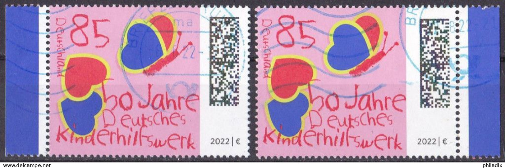 BRD 2022 2 X Mi. Nr. 3676 Rechter + Linker Blauer Markenrand  O/used (BRD1-1) - Usati