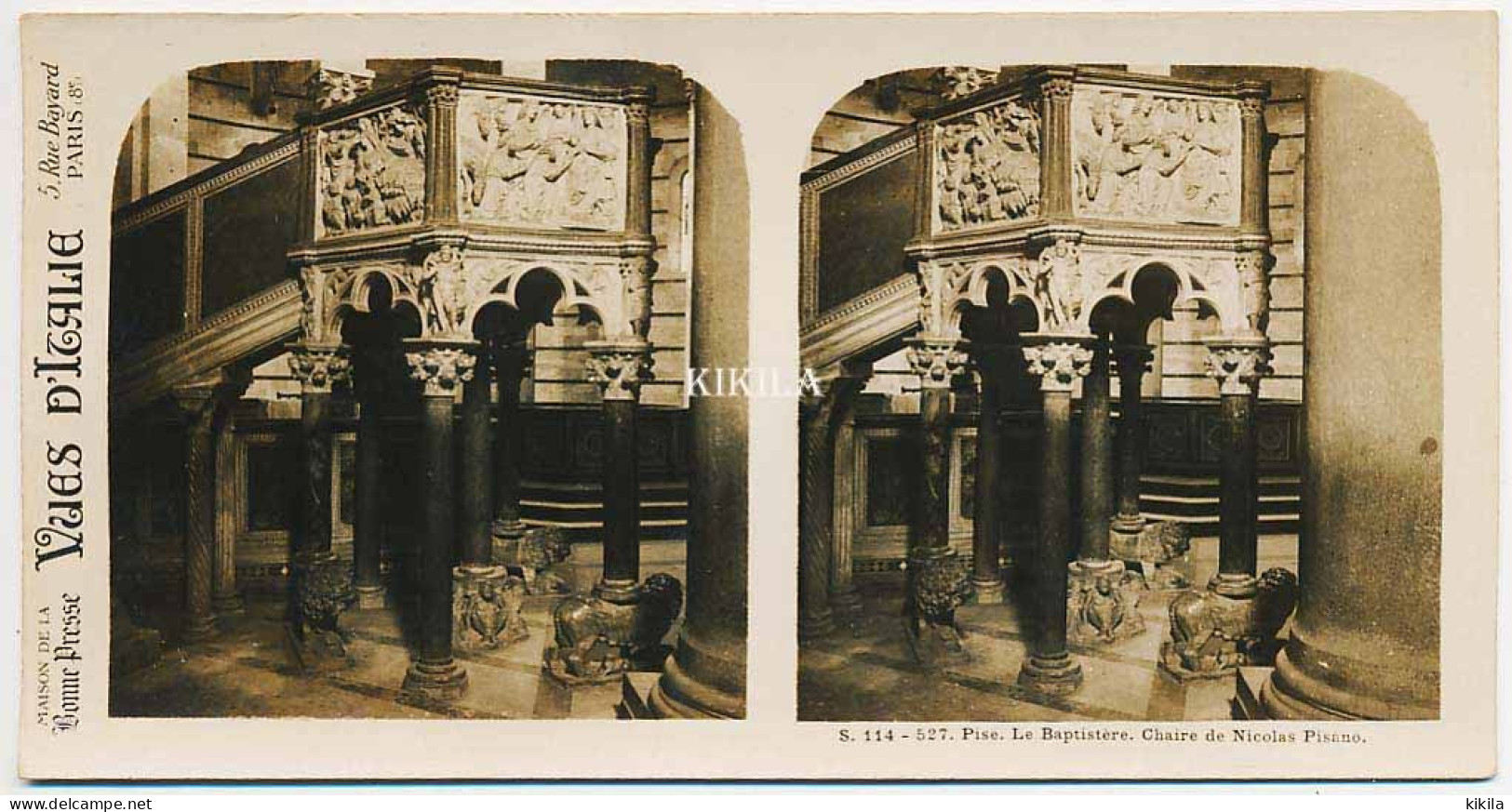 Photo Stéréoscopique 7,2x7,5cm Carte 17,2x8,9cm Vues D'Italie S. 114 - 527 PISE. Le Baptistère Chaire De Nicolas Pisano* - Stereoscopic