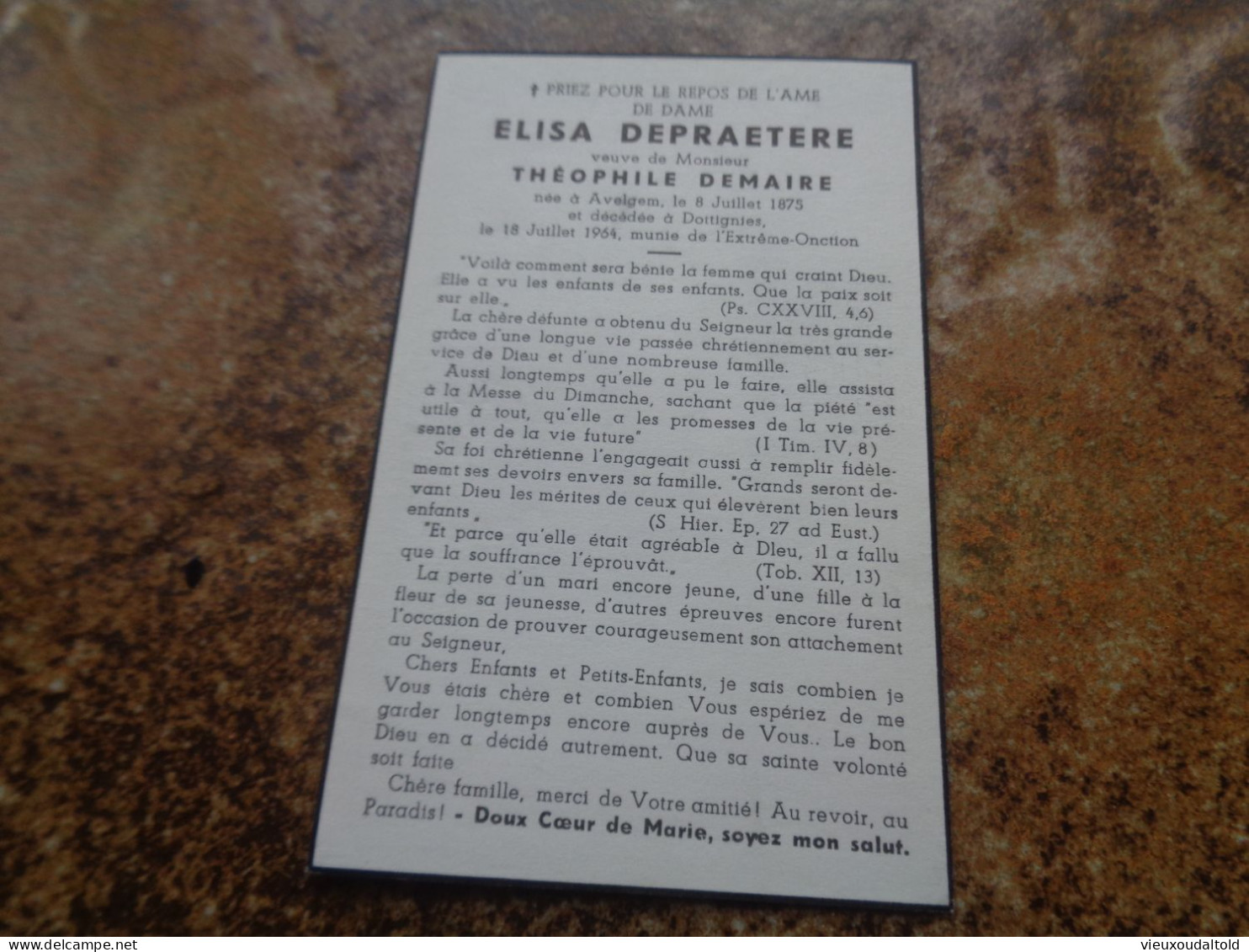 --Doodsprentje/Bidprentje  ELISA DEPRAETERE   Avelgem 1875-1964 Dottignies  (Vve )Théophile DEMAIRE - Religión & Esoterismo