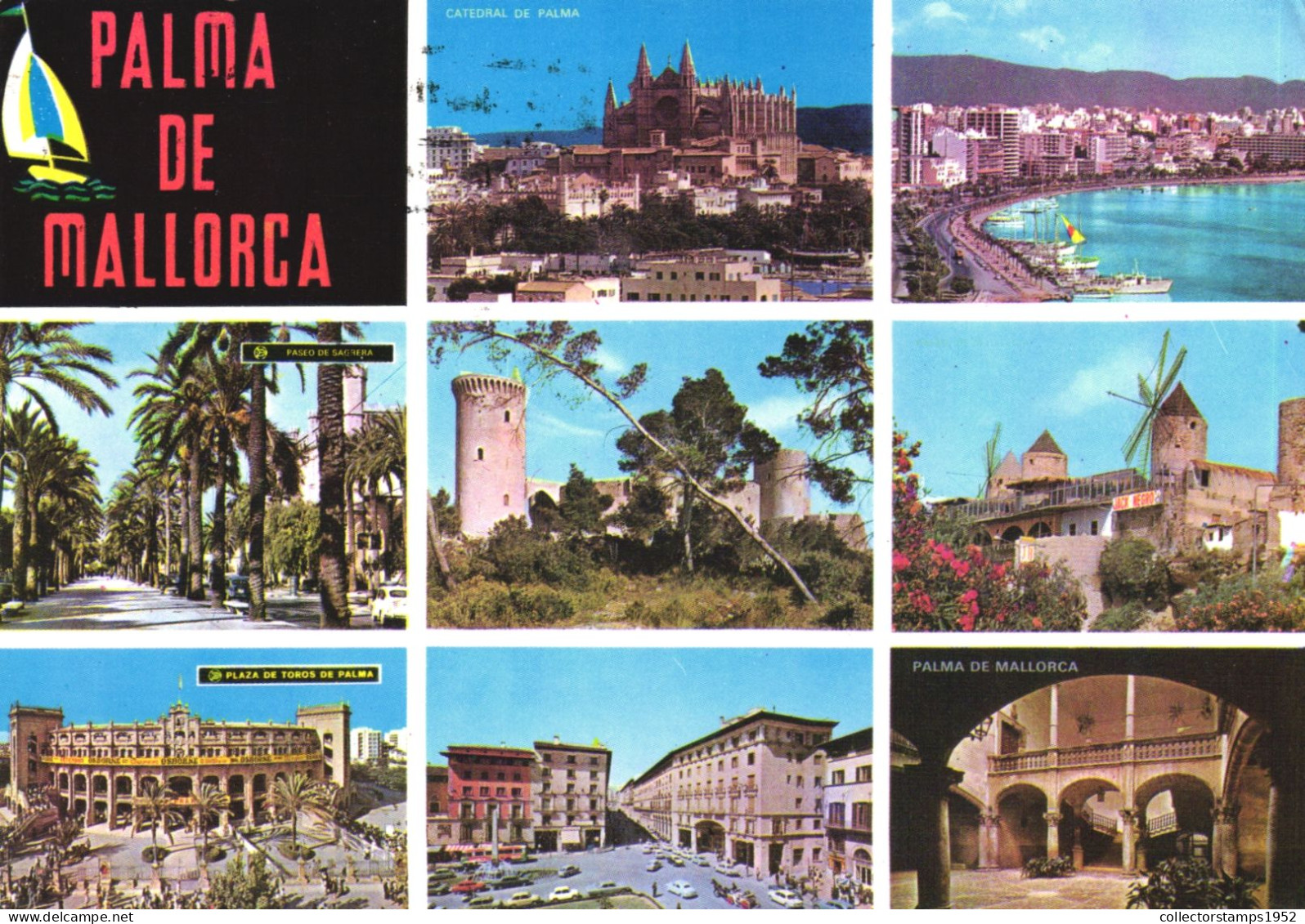 PALMA DE MALLORCA, MULTIPLE VIEWS, ARCHITECTURE, PALM TREES, CARS, TOWER, ARENA, CHURCH, CASTLE, SHIP, SPAIN, POSTCARD - Palma De Mallorca