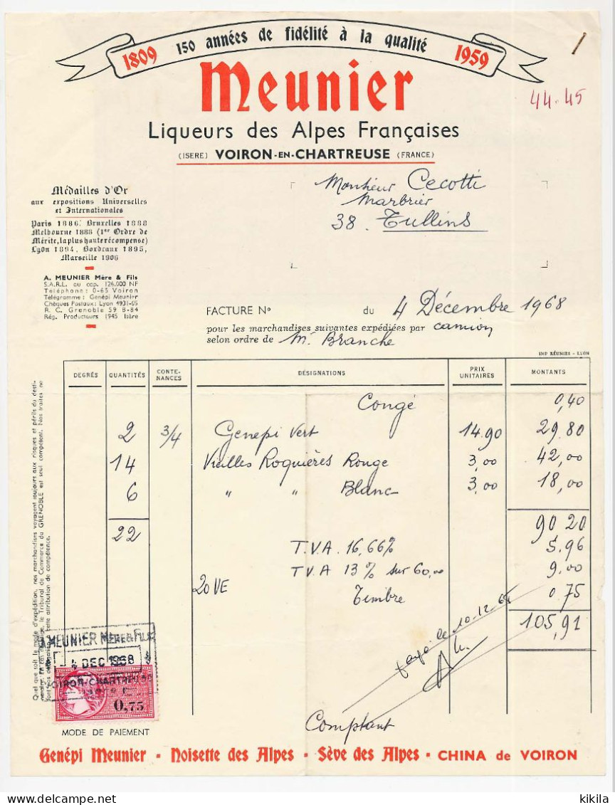 Facture Et Congé Du 04 Décembre 1968 à En-tête De MEUNIER à VOIRON-EN-CHARTREUSE  Isère 38 Liqueurs Des Alpes Françaises - 1950 - ...