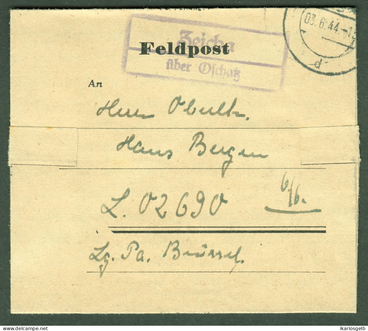 ZEICHA über OSCHATZ 1944 Klarer LANDPOSTSTEMPEL Blau Auf FELDPOST Faltbrief > LuftgauPostamt Brüssel 02690 = FlakDiv16 - Feldpost 2e Wereldoorlog