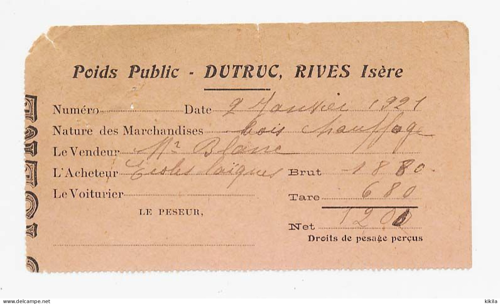 Ticket De Pesée Du 02-01-1921 à En-tête Des Poids Public DUTRUC à Rives Sur Fure Isère 38   1200KG De Bois De Chauffage* - 1900 – 1949