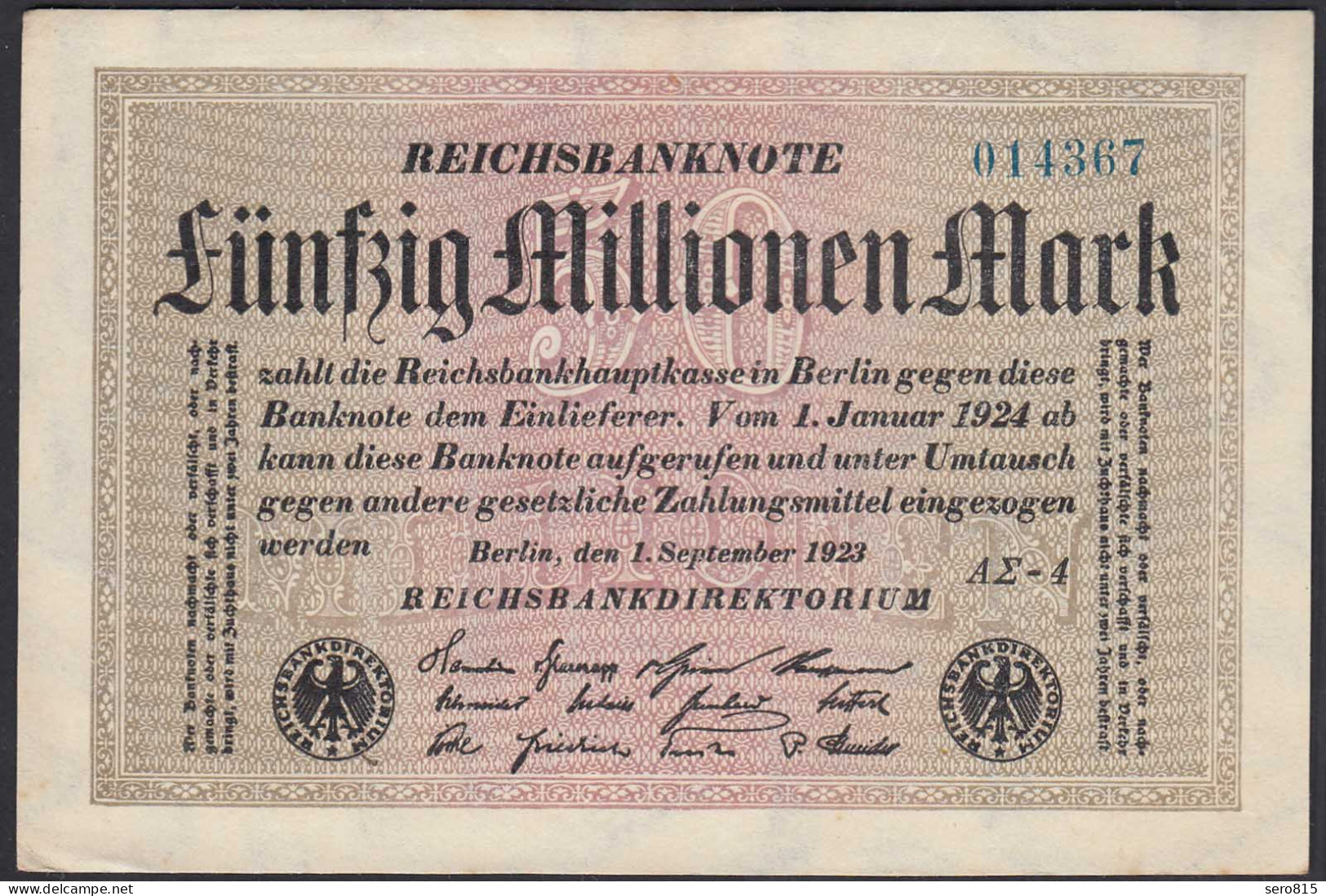 Reichsbanknote - 50 Millionen Mark 1923 Ro 108f XF/VF (2/3) FZ A Sigma AΣ-4  - Other & Unclassified