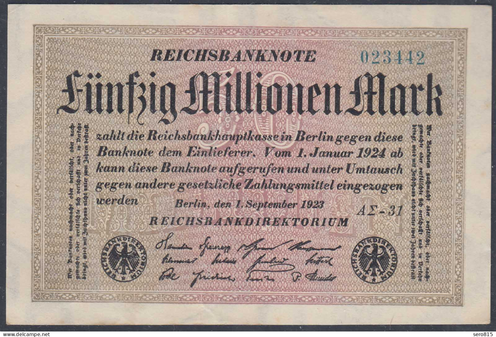 Reichsbanknote - 50 Millionen Mark 1923 Ro 108f VF (3) FZ A Sigma AΣ-31   (27227 - Autres & Non Classés