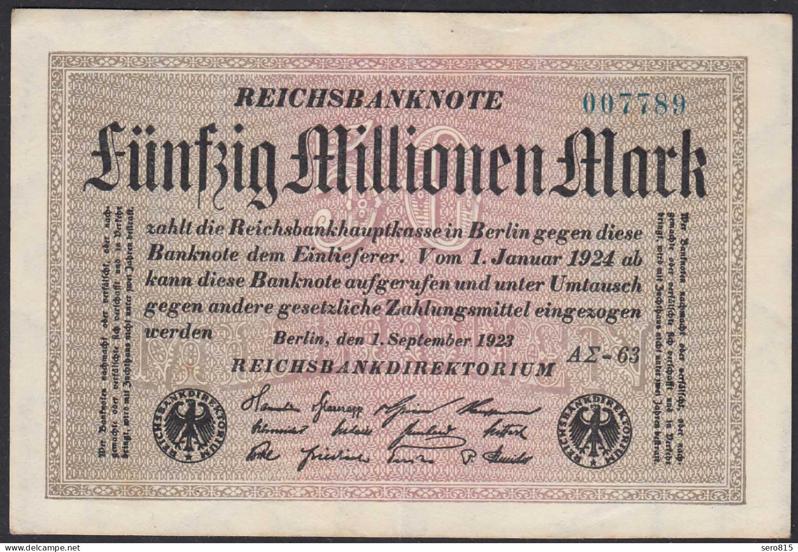Reichsbanknote - 50 Millionen Mark 1923 Ro 108f VF (3) FZ A Sigma AΣ-63   (27226 - Sonstige & Ohne Zuordnung