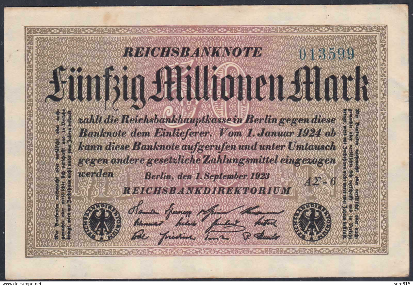 Reichsbanknote - 50 Millionen Mark 1923 Ro 108f VF (3) FZ A Sigma AΣ-6   (27223 - Andere & Zonder Classificatie