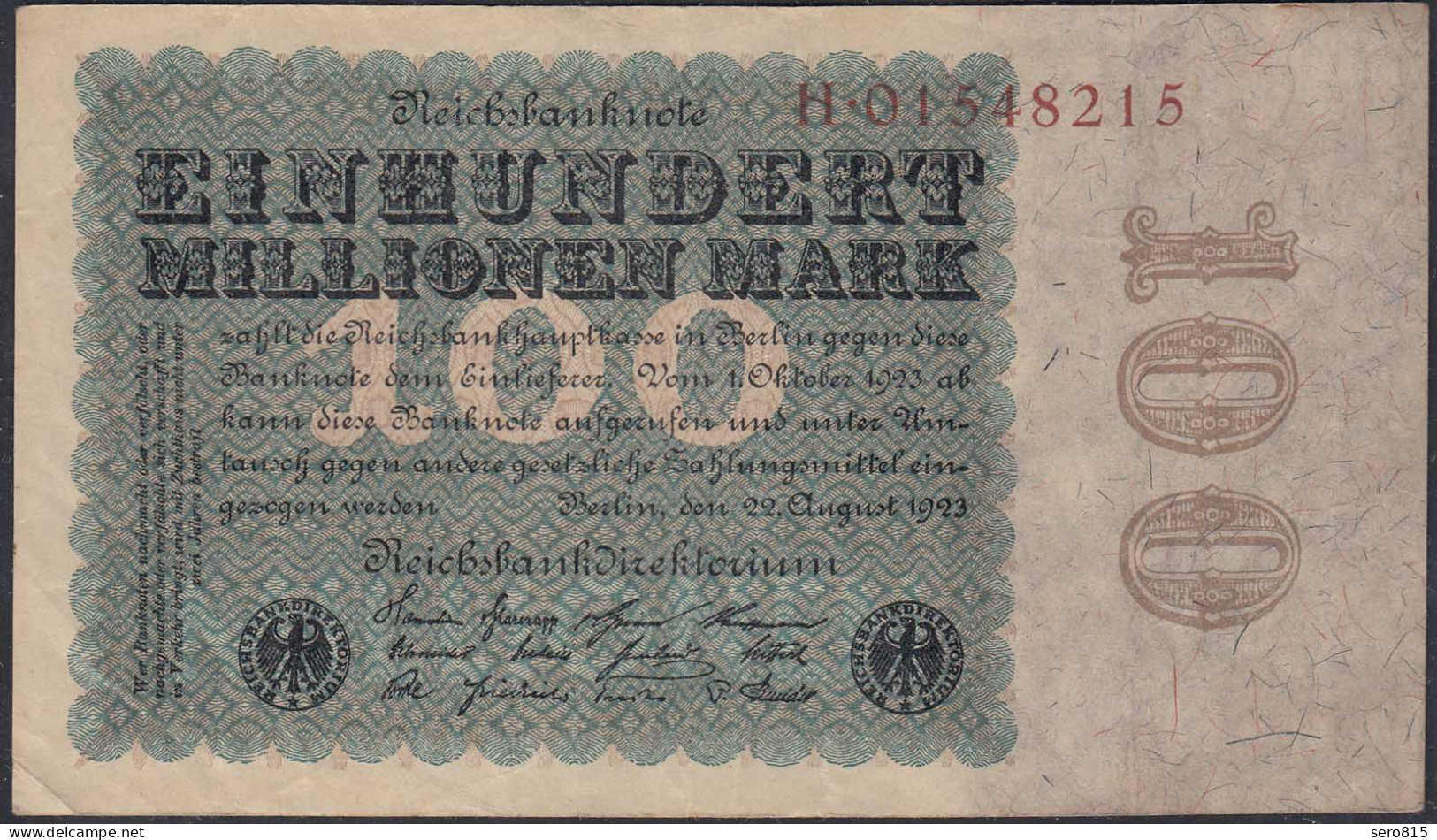 Reichsbanknote - 100 Million Mark 1923 Ro 106a Serie H VF (3)   (27241 - Autres & Non Classés