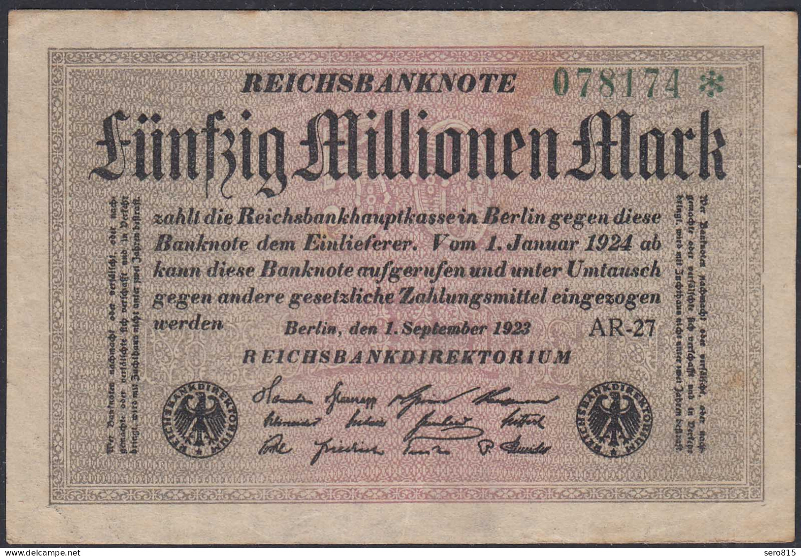 50 Millionen Mark 1923 Ro 108j VF (3) FZ AR-27 WZ Rauten Liegend Mit Star (27237 - Otros & Sin Clasificación