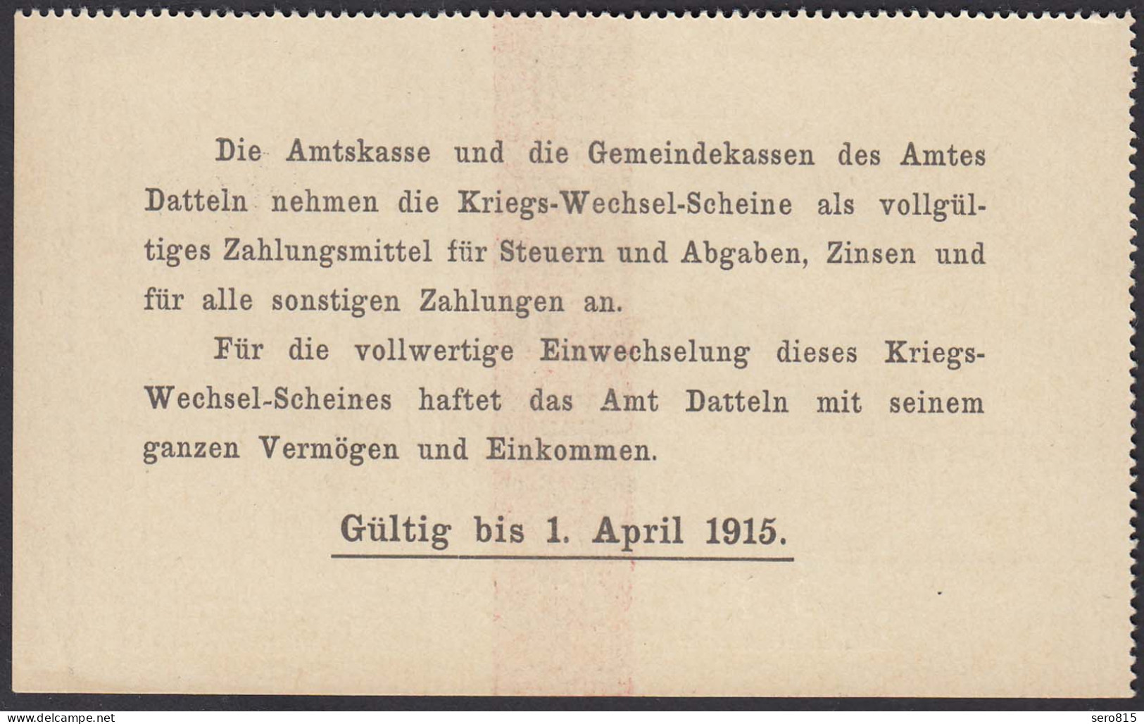 Datteln Westfalen 1 Mark Kriegs-Wechsel-Schein 1914  (25930 - Autres & Non Classés