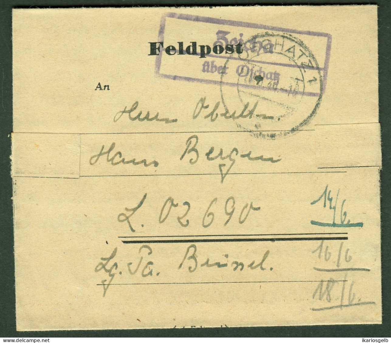 ZEICHA über OSCHATZ 1944 Klarer LANDPOSTSTEMPEL Blau Auf FELDPOST Faltbrief > LuftgauPostamt Brüssel 02690 = FlakDiv16 - Feldpost 2e Wereldoorlog