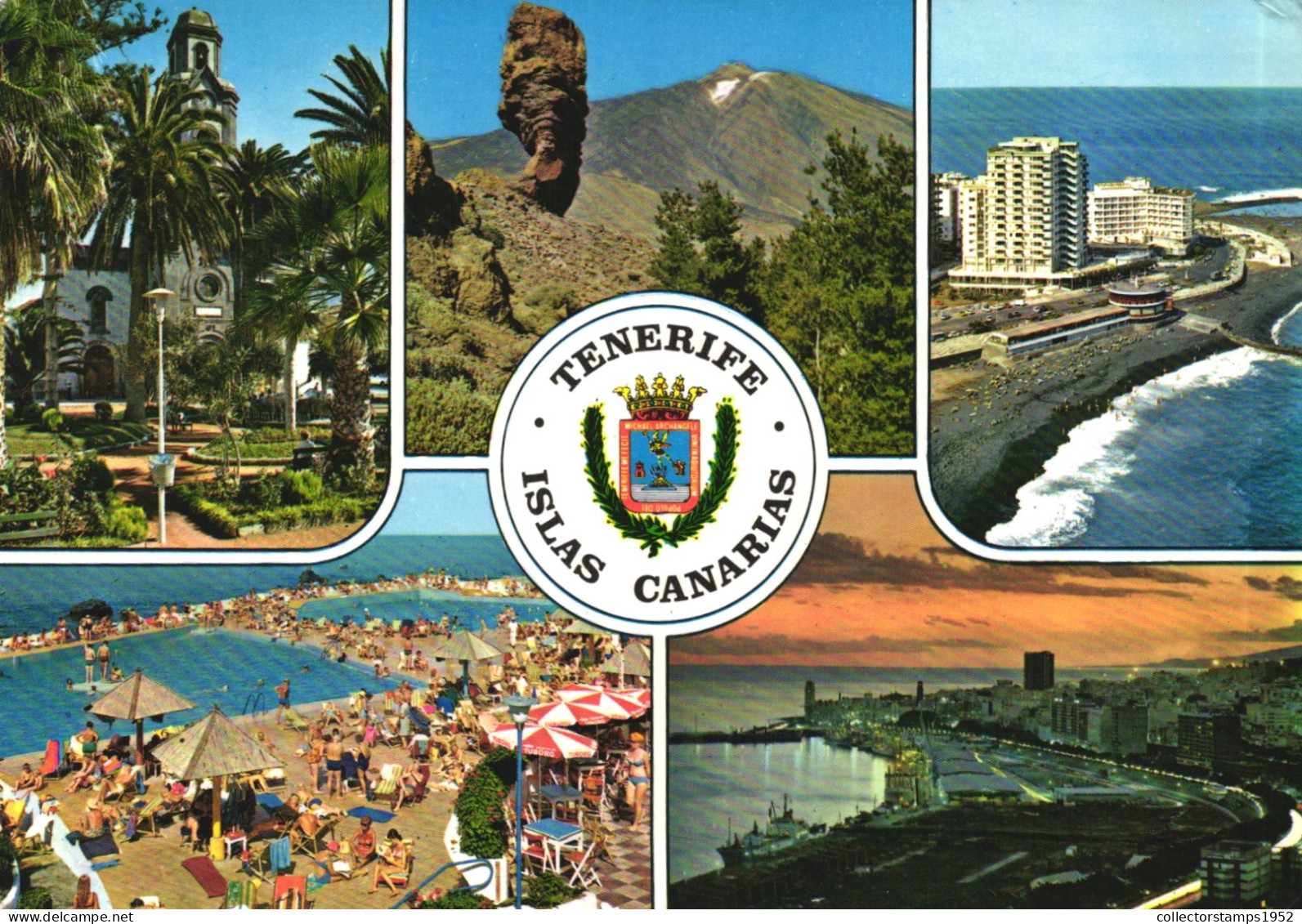 TENERIFE, CANARY ISLANDS, MULTIPLE VIEWS, ARCHITECTURE, PARK, BEACH, UMBRELLA, RESORT, EMBLEM, MOUNTAIN, SPAIN, POSTCARD - Tenerife