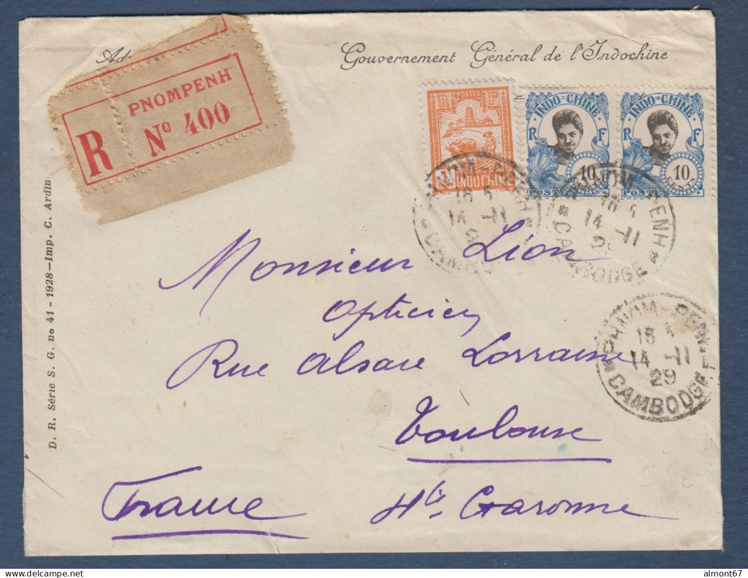 Indochine -  Enveloppe  Recommandée De PNOM PENH  CAMBODGE - Lettres & Documents