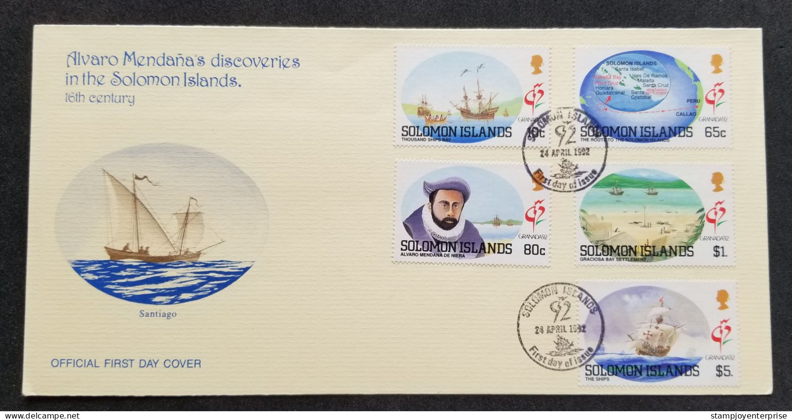 Solomon Islands Alvaro Mendana's Discovery 1992 Sailing Ship (FDC) Granada '92 - Salomon (Iles 1978-...)