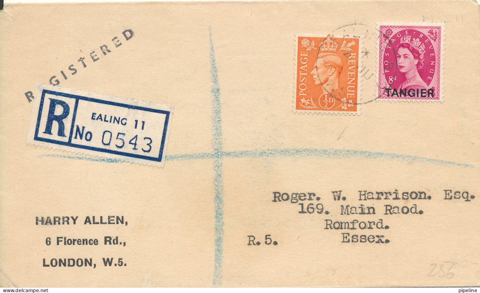 Great Britain Registered Cover Essex Ealing 11 4-6-195?, 1 Of The Stamps Overprinted TANGIER - Brieven En Documenten