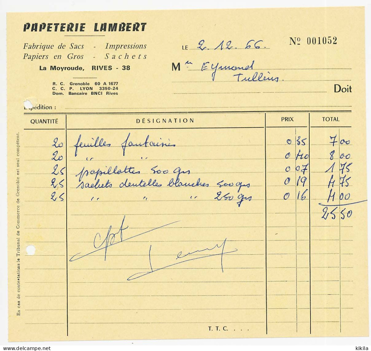 Facture Du 02-12-1966 à En-tête De La PAPETERIE LAMBERT à Rives Isère 38 Fabrique De Sacs - Impressions - Papier En Gros - Drukkerij & Papieren