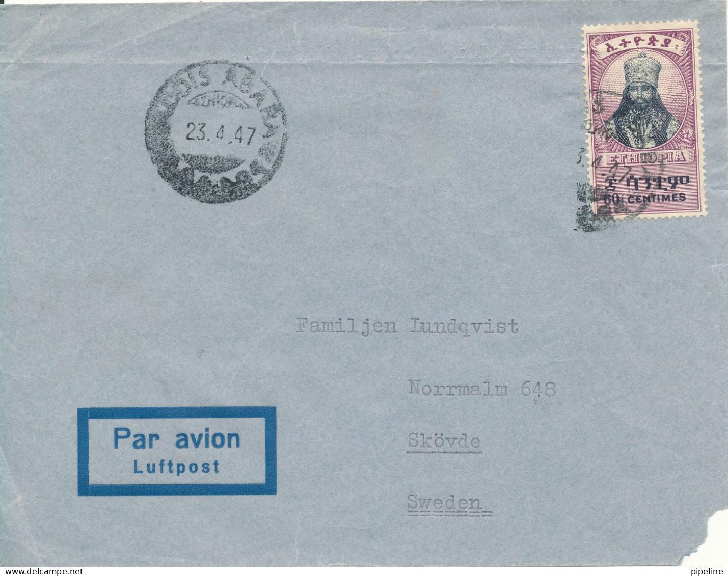 Ethiopia Cover Sent Air Mail To Denmark 23-4-1947 Single Franked The Cover Is Missing The Lower Right Corner - Ethiopië