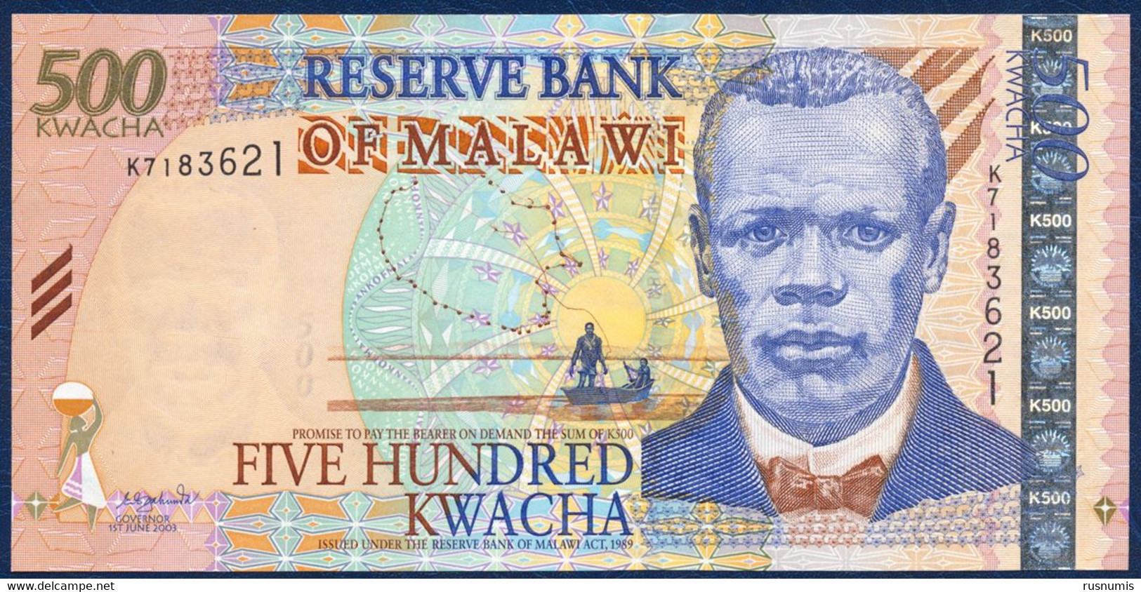 MALAWI 500 KWACHA P-48Aa Reverend John Chilembwe, Lake Malawi - Lilongwe 2003 UNC - Malawi