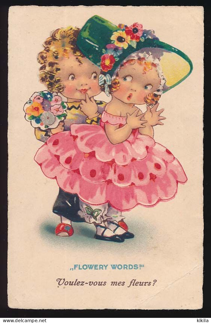 CPSM 9 X 14 Illustrateur Couple Enfant Tenue De Soirée "Flowery Words!"  "Voulez-vous Mes Fleurs?" - Contemporanea (a Partire Dal 1950)