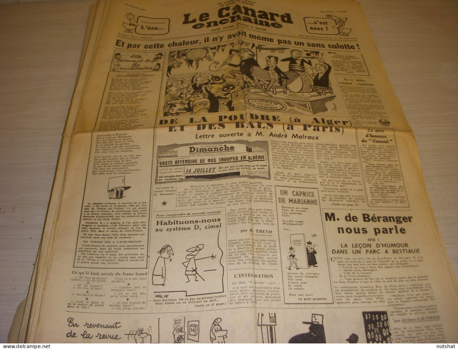 CANARD ENCHAINE 2021 15.07.1959 Louis Charle ROYER Sergio ZAVOLI HISTOIRE CARMEL - Politiek